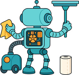 Cartoon cleaning robot with vacuum cleaner, squeegee, cloth, and paper roll, vector illustration.