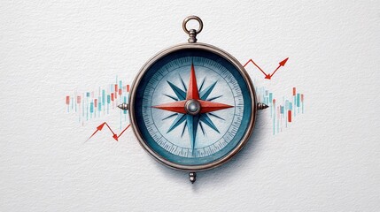 Global trade and inflation concept. A vintage compass with a red needle is centered over a white background, surrounded by colorful financial chart elements and upward trending arrows.