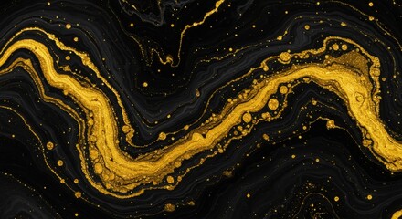 Black gold marble liquid texture with golden drops. Abstract flowing pattern with sparkles. Luxury and elegance concept. High-end cosmetics, jewelry, perfume sale. Anniversary celebrations.