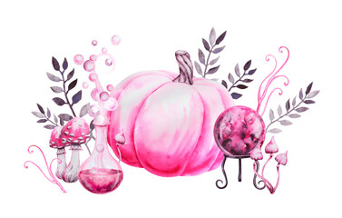 Watercolor illustration of a pink pumpkin with bubbling potion, magic crystal ball, mushrooms, twigs and leaves. Hand drawn Halloween or fantasy clipart with soft colors and mystical mood.
