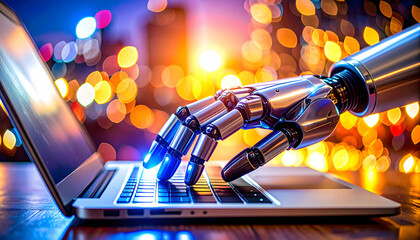An advanced bionic hand touches a luminous key on a portable computer, set against a dazzling light display.