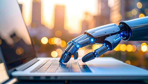 Sleek robotic hand precisely presses keys on a laptop against a vibrant, bokeh-filled urban night backdrop.