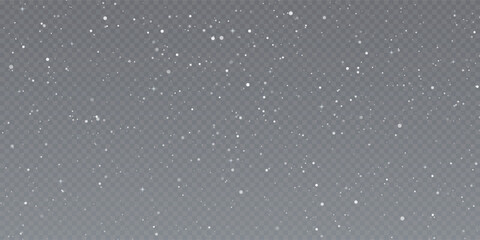 Realistic snow fallen on transparent background. Abstract dust particles, white confetti png bg. Festive wallpaper element for christmas poster, flyer, new year card, realistic vector snow powder.