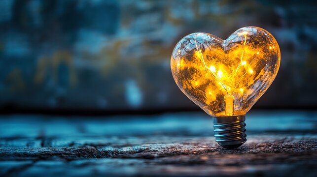 A glowing heart-shaped light bulb with warm fairy lights inside, resting on a textured surface against a blurred dark background.