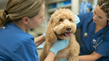 Two women veterinarians examining a cute furry dog at a vet clinic. Animal healthcare check-up and pet medical care footage.