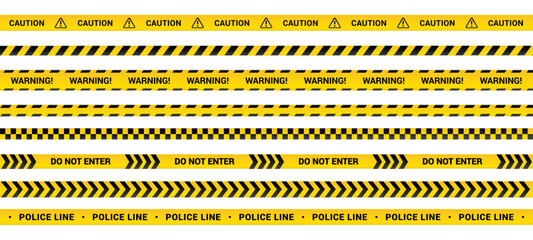 Caution tape set of yellow warning ribbons isolated on white background. Abstract warning lines for police, accident, under construction. Vector illustration of danger tape collection.