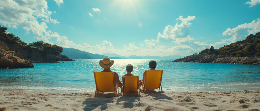 Family on the beach overlooking the sea, useful for travel articles and vacations.