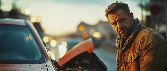 A man looks at the open hood of a car on the street. Car blogs, car repair articles, tutorials.