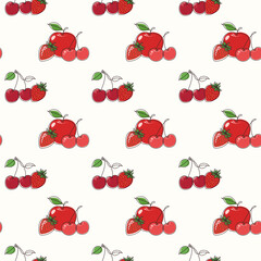 Pattern 10 — Red Garden
Seamless fruit pattern with cherries, strawberries, and apples in red tones. Airy layout with grouped fruits. Natural garden mood on creamy white back