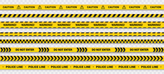 Caution tape set of yellow warning ribbons isolated on transparent bg. Abstract warning lines for police, accident, under construction. Vector illustration of danger tape collection.