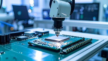 Robotic arm applying thermal paste to CPU in clean workstation before microchip placement, soft teal and white lighting, right-side copy space.