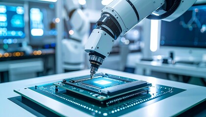 Robotic arm applying thermal paste to CPU in clean workstation before microchip placement, soft teal and white lighting, right-side copy space.