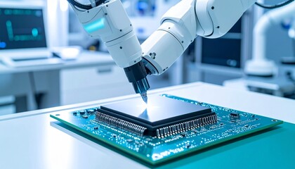 Robotic arm applying thermal paste to CPU in clean workstation before microchip placement, soft teal and white lighting, right-side copy space.