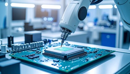 Robotic arm applying thermal paste to CPU in clean workstation before microchip placement, soft teal and white lighting, right-side copy space.