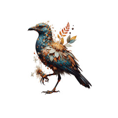 Mystical Avian Portrait: A detailed and colorful digital illustration of a bird stands gracefully, adorned with intricate leaf and flower accents, highlighting the beauty of avian wildlife.