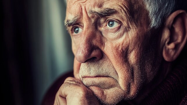 An elderly man with deep wrinkles gazes pensively into the distance, resting his chin on his hand in a reflective and somber mood.
