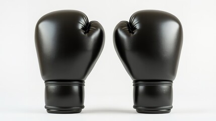 A pair of black boxing gloves standing upright on a white surface in a studio setting with soft lighting