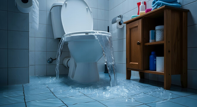 Extensive water damage from overflowing toilet in bathroom. Home plumbing emergency and flood.