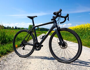 Black gravel bike on country road