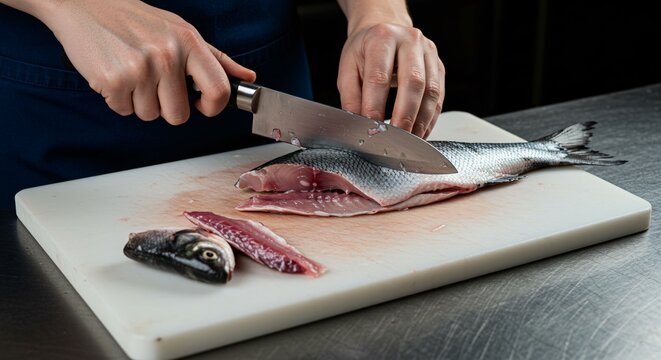 A person filleting a fish with a sharp knife on a white cutting board in a kitchen environment scene