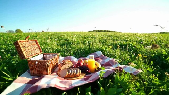 Picnic Basket with Bread, Fruit, and Juice on a Blanket in a Grassy Field Video