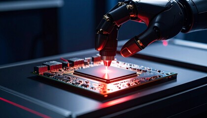 Black robotic hand scanning microchip with red laser line, dark background and center-focused layout, ideal for sci-fi or tech hero image.