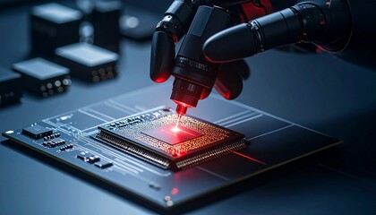 Black robotic hand scanning microchip with red laser line, dark background and center-focused layout, ideal for sci-fi or tech hero image.