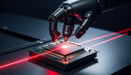 Black robotic hand scanning microchip with red laser line, dark background and center-focused layout, ideal for sci-fi or tech hero image.