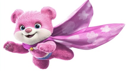 A pink, fluffy bear wearing a cape, mid-flight, with a cheerful expression