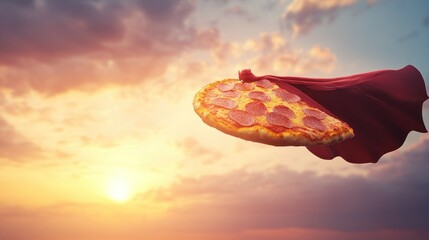 Pizza slice with red cape flies through sunset sky