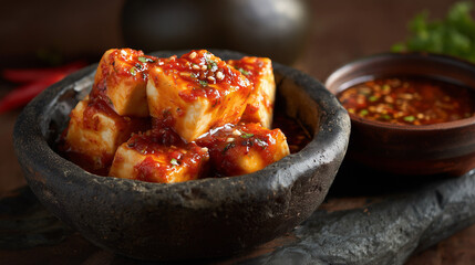 Tahu Gejrot with spicy sauce, served in clay bowl, moody tones