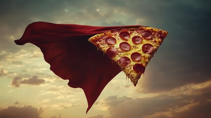 Pizza slice with cape flies through sky