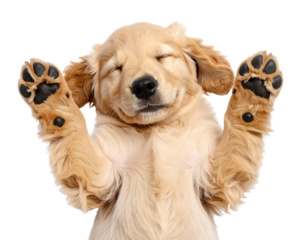 Golden Retriever Puppy Sleeping on Back with Paws Up, Top View, isolated on transparent background.