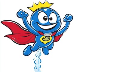 Blue cartoon character, superhero pose, flying, crown, cape