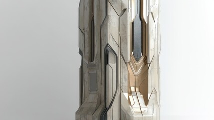 Abstract cylindrical structure with off-white, beige, and dark gray panels, featuring geometric designs and recessed sections, set against a plain background