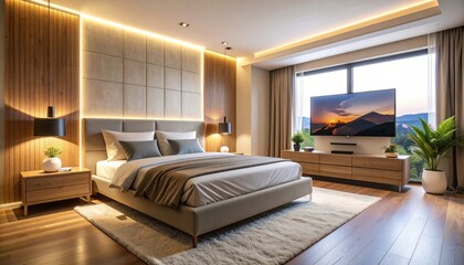 Luxurious Modern Bedroom Interior with Ambient Lighting and Mountain View