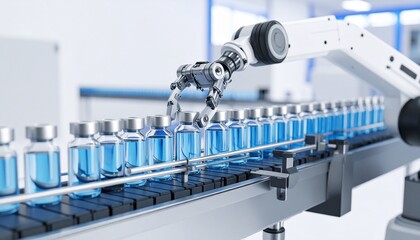 Robotic arm filling glass vaccine vials on sterile conveyor in a cleanroom, soft lighting with blue and white tones, close-up with copy space.