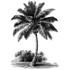 Detailed sketch of a tropical palm tree with dense fronds on a small island