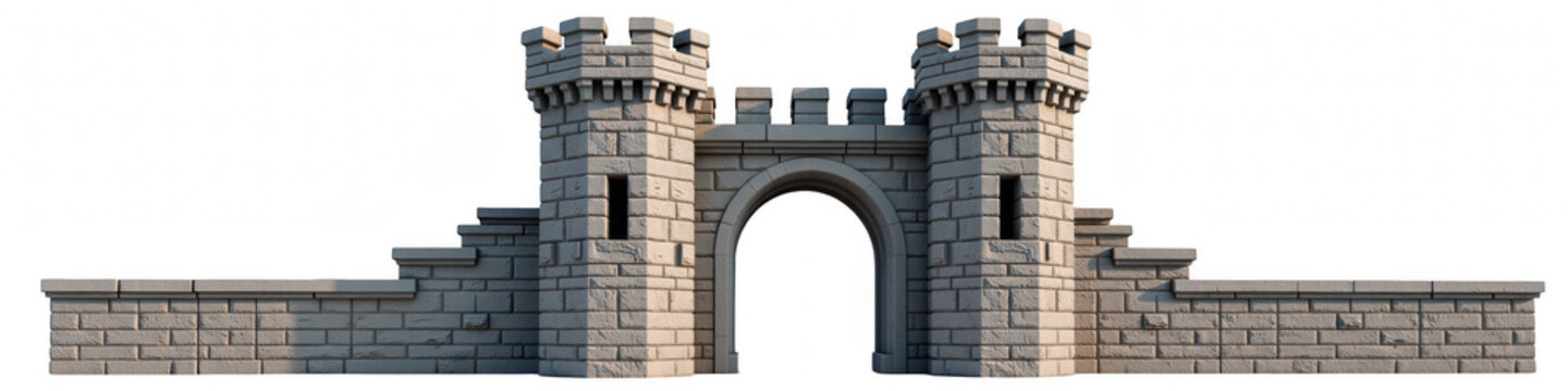 Detailed stone castle gate with towers, featuring sturdy archway and textured walls, evokes sense of medieval strength and history