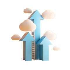 Conceptual upward trending arrows with ladder and clouds symbolizing growth and success