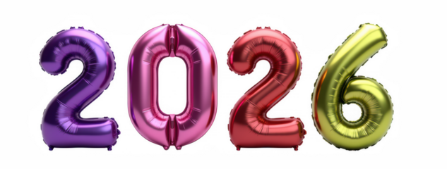 Colorful balloons shaped as numbers 2026 create festive atmosphere, perfect for celebrations and events