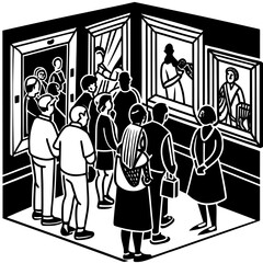 Art Gallery Visitors – Black and White Line Illustration of Museum Scene

