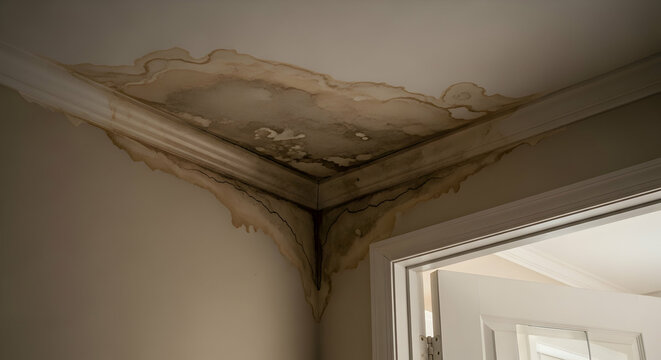 Severe Water Damage on Ceiling and Wall Corner from Leaky Roof or Pipe