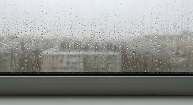 Rainy Day Window View with Water Damage Effect and Blurred Urban Background