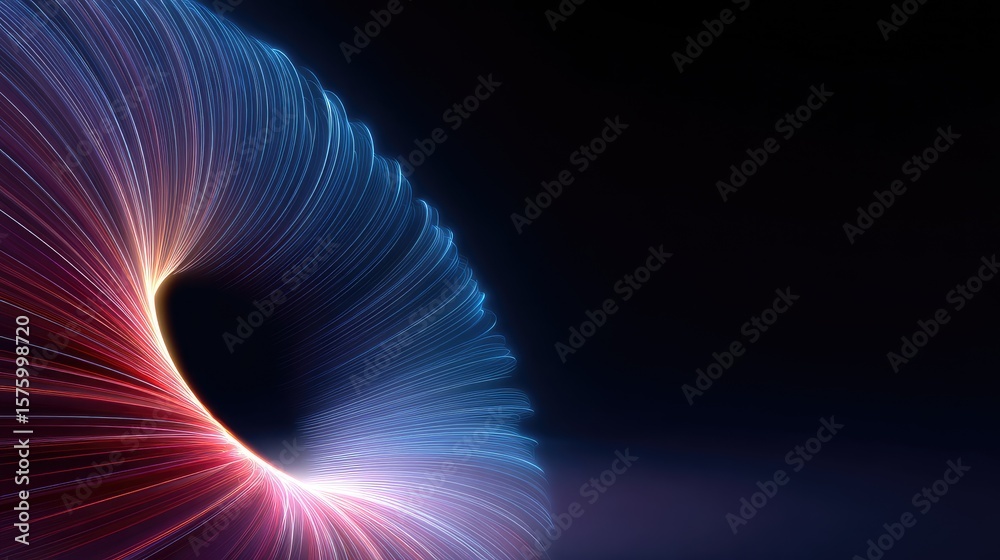 Poster abstract light flow creating dynamic circular shape with bright colors and cool tones on dark backgr