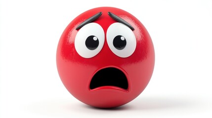 A 3D rendered red sphere with a worried facial expression; large eyes, furrowed brows, and an open mouth convey fear and anxiety