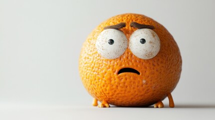A 3D-rendered orange with a worried expression, small stubby legs, and a textured surface against a plain background