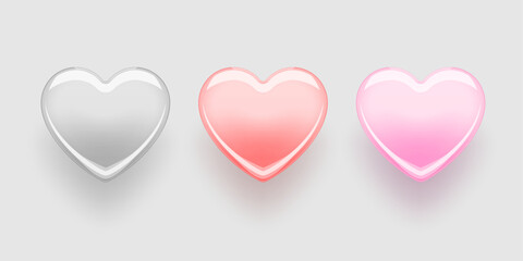 Set of realistic transparent hearts. Romantic glossy glass heart isolated on light background. Vector 3d illustration.