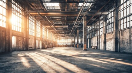 Empty industrial warehouse bathed in sunlight.