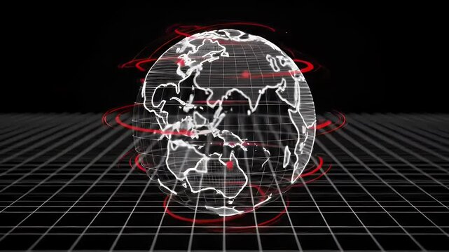 Rotating Wireframe Earth Globe with Circular Red Accents - Powered by Adobe